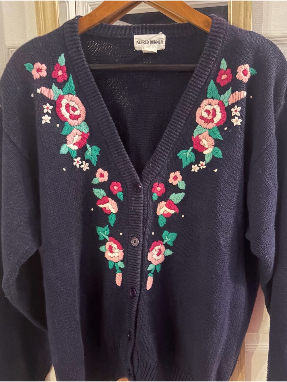 Vintage Alfred Dunner Navy Floral Embroidered V-Neck Cardigan Sweater